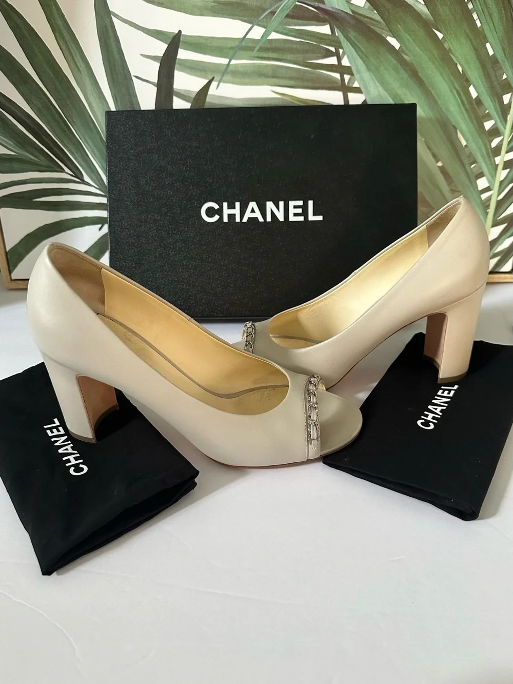 CHANEL Women's Peep-Toe Pumps with Chain Detail